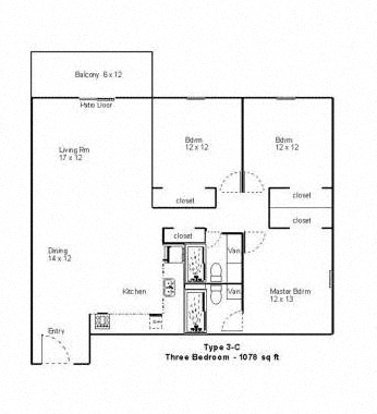 Floor plan for 3 beds, 2 baths, 1078 sqft